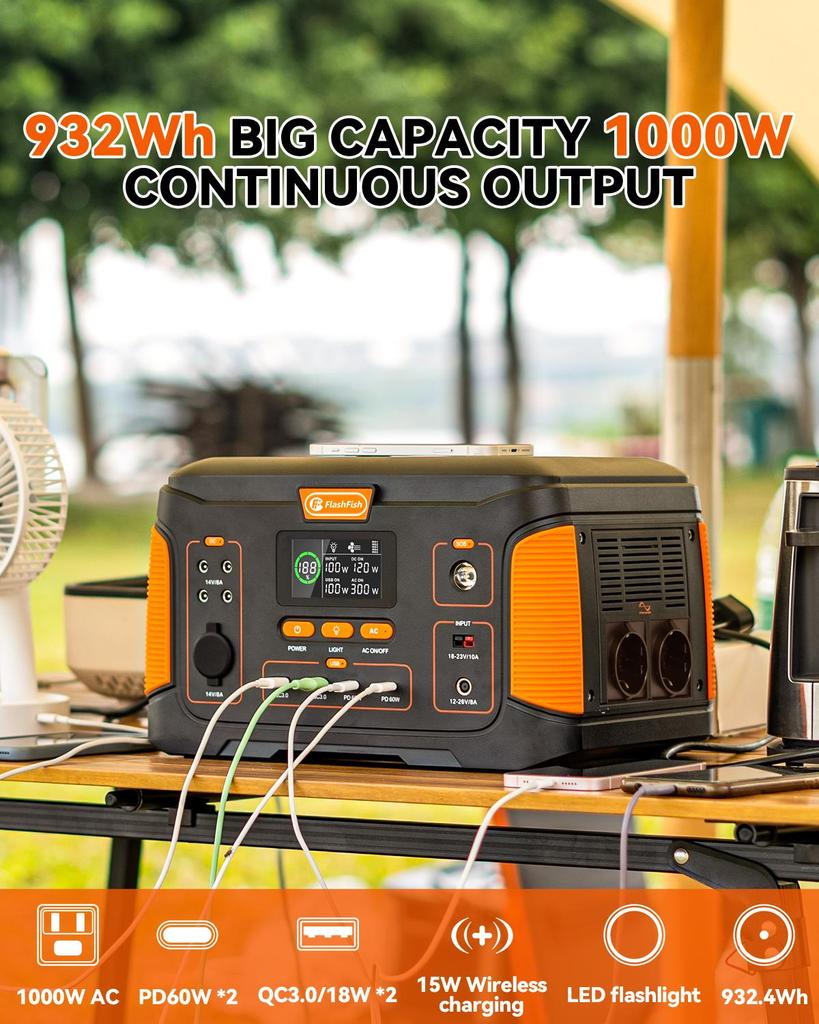 Портативная электростанция Flashfish J1000plus 1000 Вт 932 Вт Большая емкость 12 многофункциональных выходных портов