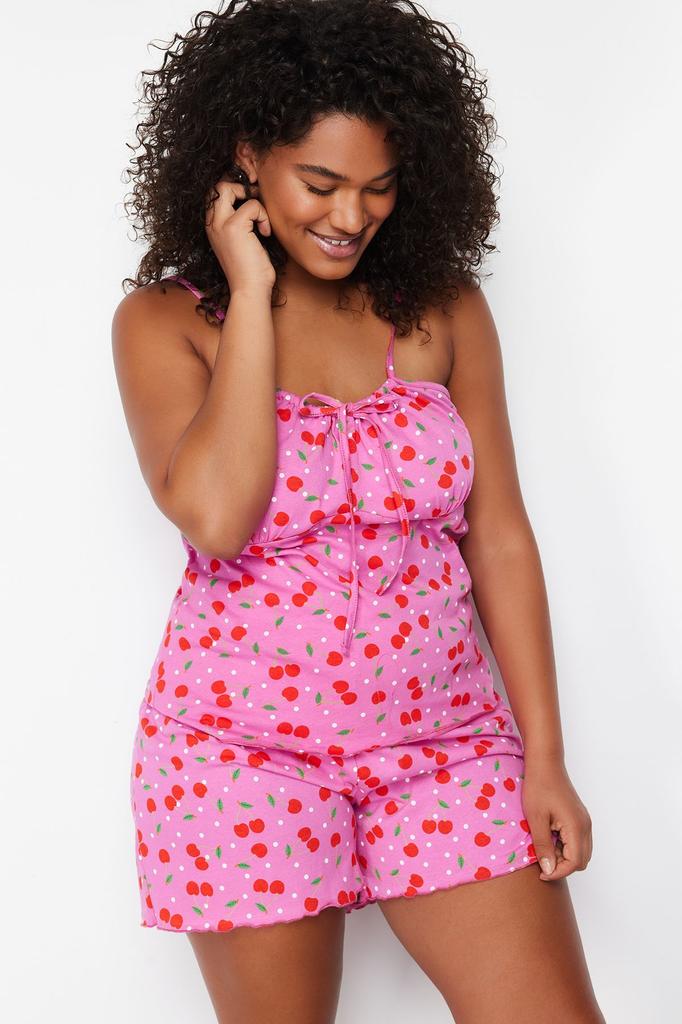 Женский стиль плюс размер разноцветный хлопок вишневый вязаный пижамный комплект