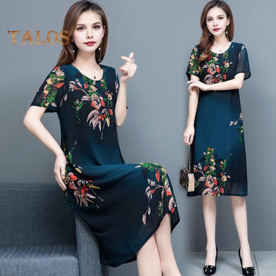 Женское летнее платье среднего возраста с цветочным принтом, круглым вырезом, короткими рукавами, двухслойное платье длиной до колена, больших размеров, свободное женское платье миди для выпускного вечера