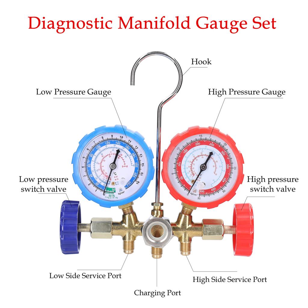 Набор манометров коллектора, инструмент для заправки хладагента для кондиционирования воздуха, латунный двухклапанный манометр с