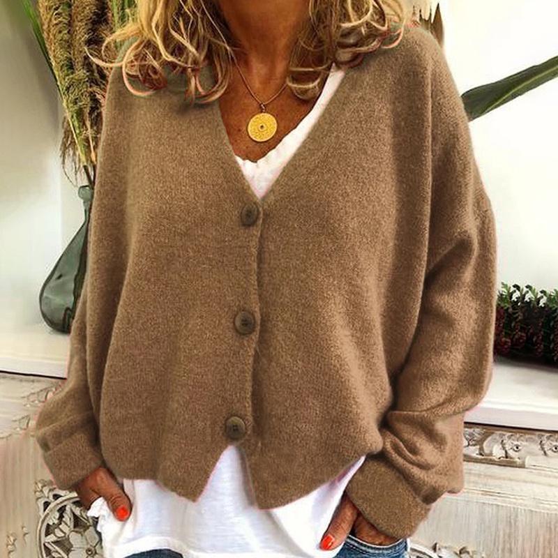 Knitted Womens Plain Coat Cardigan Ladies Button Loose Jumpers Sweater Size Plus