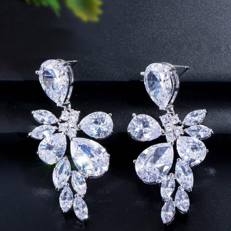 CMM Luxury Bridal Silver Color Jewelry Water Drop Cubic Zirconia Drop Earrings