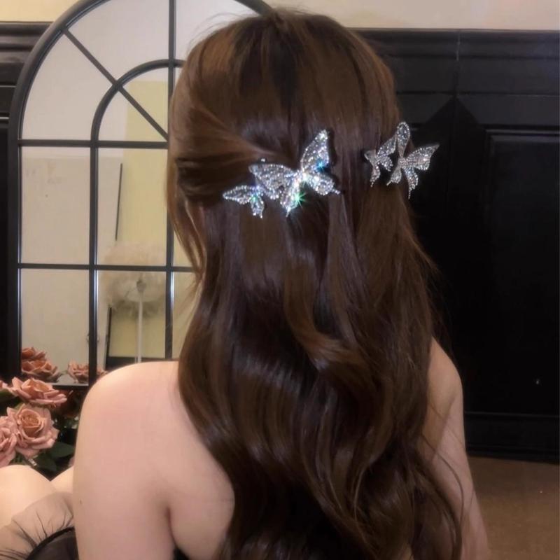2Pcs Sparkling Side Bangs Clip Fashionable Full Diamond Elegant Butterfly Hair Clip Sweet Duckbill Clip Hair Accessories