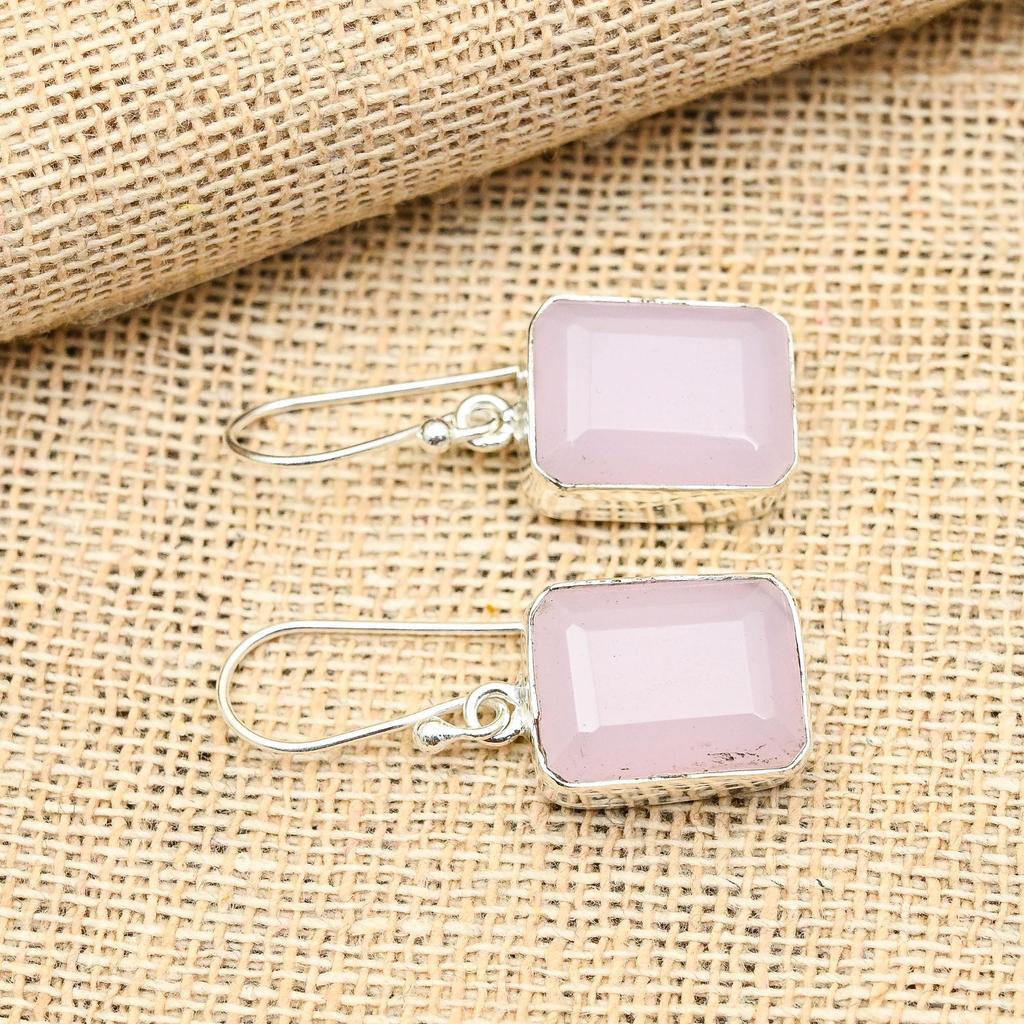 Pink Chalcedony Gemstone 925 Sterling Silver Handmade Lovely Jewelry Earrings For Women