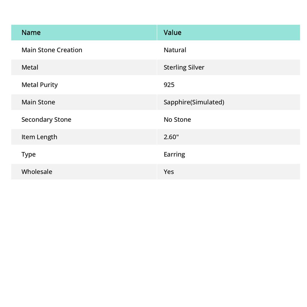 Натуральный сапфир(Смоделированный) Драгоценный камень Серьга из стерлингового серебра 925 пробы 2,60" N0A04