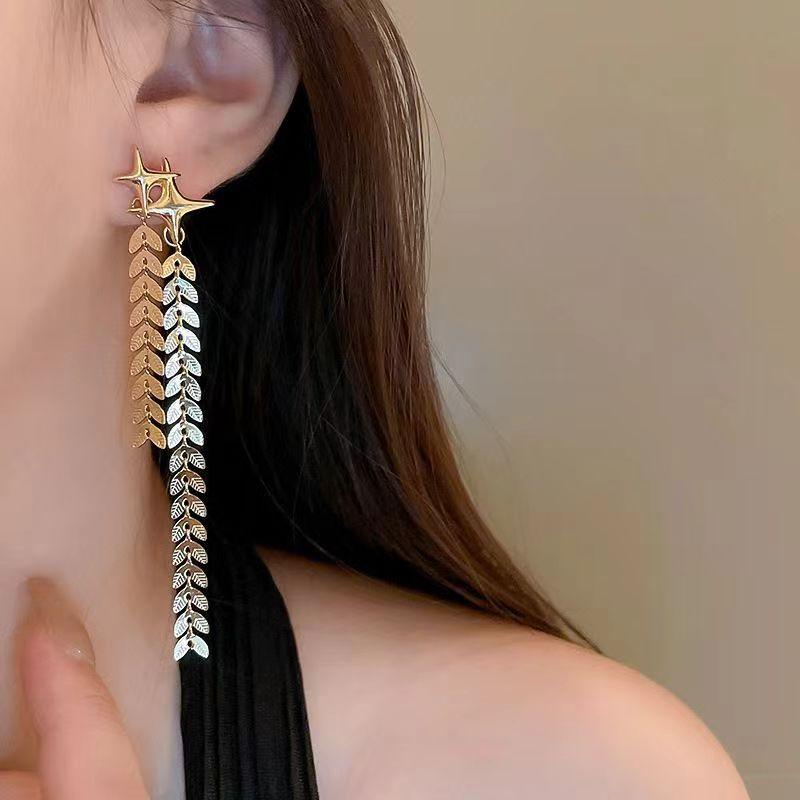 925 Серебряные игольчатые геометрические металлические длинные серьги с кисточками, золотые серьги для пожилых людей, легкие роскошные темпераментные универсальные серьги для женщин