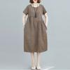 Summer Artistic Loose Splicing Cotton Hemp Grid Round Neck Short Sleeved Dress for Women's Medium To Long Style