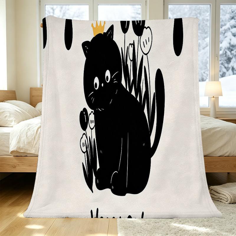 Cute Black Cat Trimmed Flannel Blanket – Soft Warm Cozy Throw for Home, Sofa, Halloween & Christmas