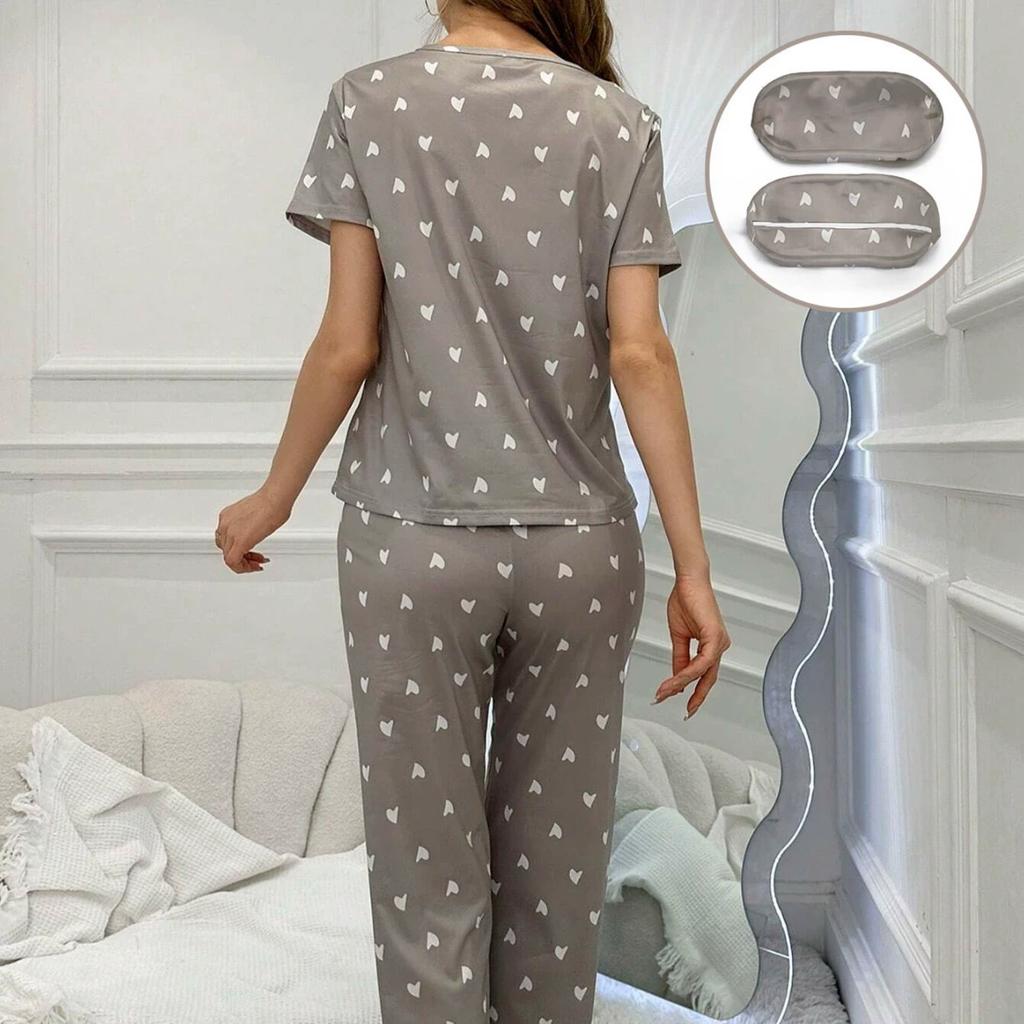 Пижамный комплект весна-лето для женщин с принтом в виде сердца, топ с короткими рукавами и длинные брюки, пижама с повязкой на глазу, повседневная свободная мягкая домашняя одежда