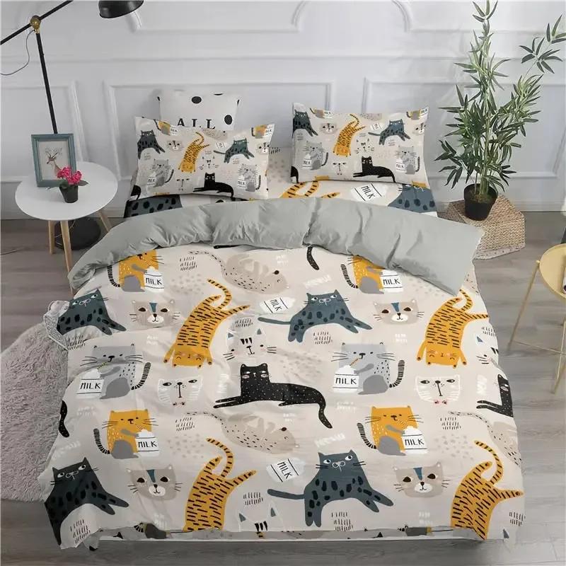 Cartoon Bedding Set Cute Cats Comfortable Duvet Quilt Cover Pillowcase Bedding Set Children Bedroom Decoration Home Textile
