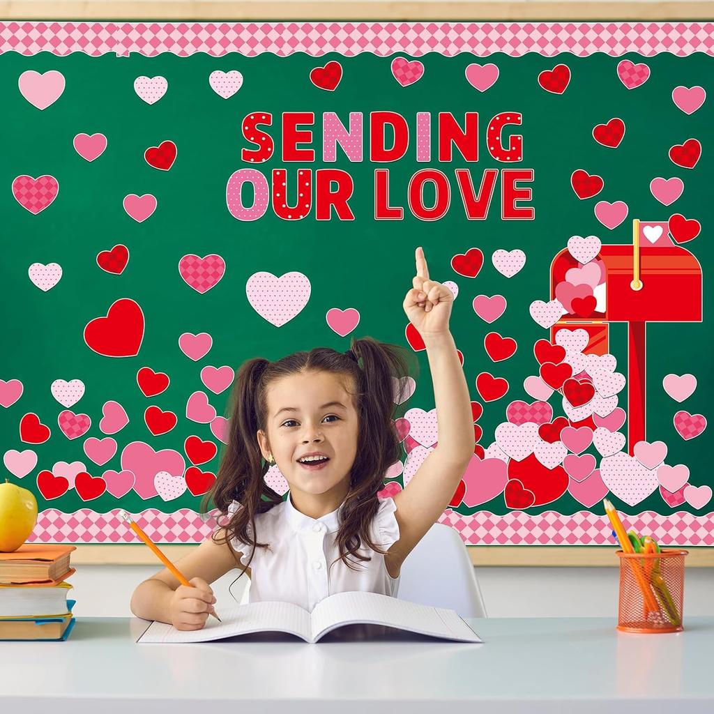 89PCS Valentine's Day Bulletin Board Decoration Set Heart Bulletin Board Borders Sending Our Love Cutouts for Bulletin Board Happy Valentine's Day