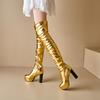 Стрейч Платформа Ботфорты до бедра для женщин Ботфорты Сборки Золото Серебро Большой размер 46 Сексуальные 10 см Массивный высокий каблук Плиссированная обувь 2025