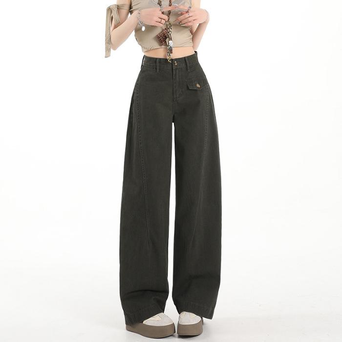 1111 #American retro army green tooling jeans women's new Spice Girl slim high-waisted wide-leg pants tide
