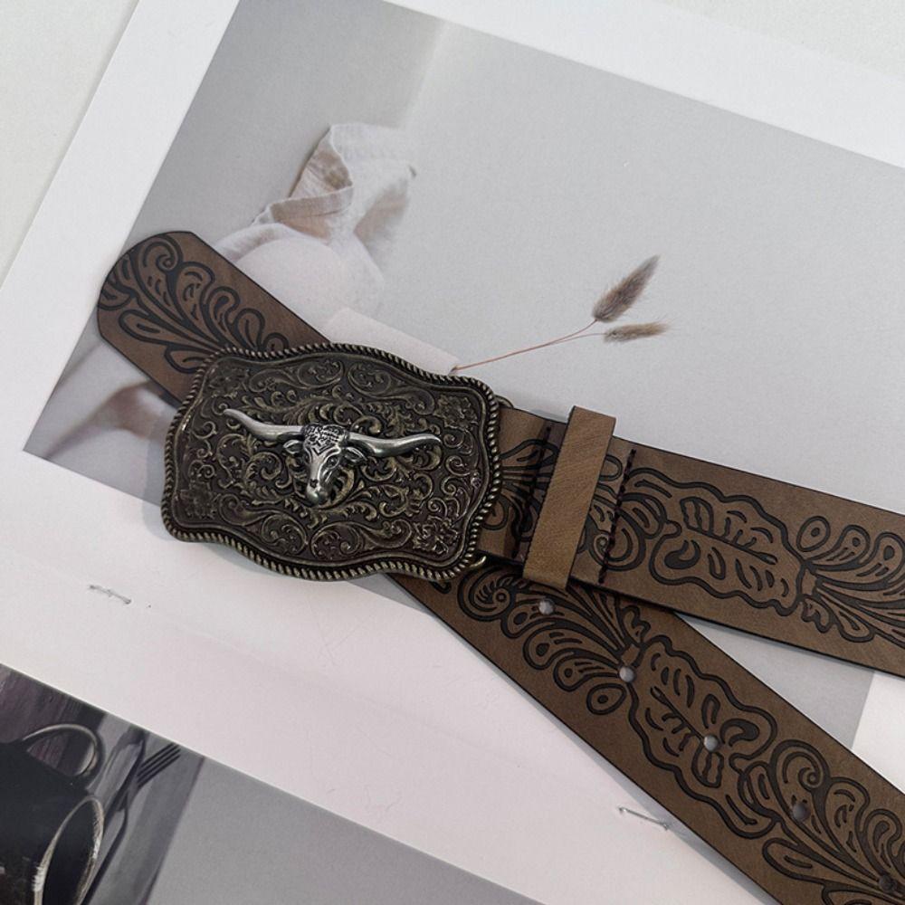 Retro Western Cowboy Belt Cow Head Buckle Waistband Trendy Embossed Belt For Man Women