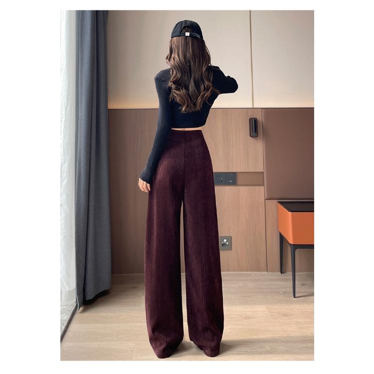 Модные красные вельветовые брюки с высокой талией, широкие брюки, повседневные свободные прямые брюки для женщин