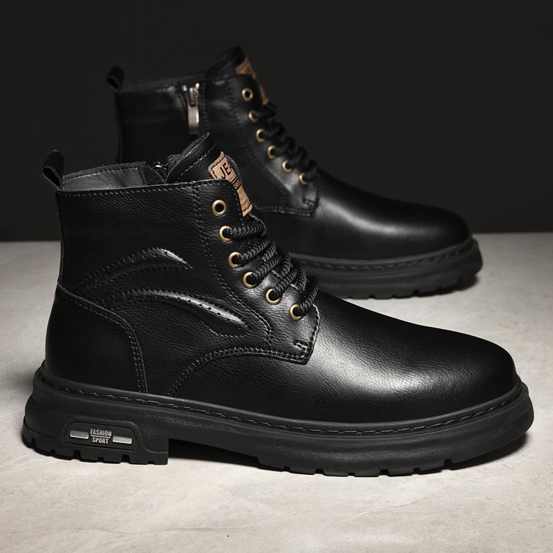 British Men Casual Ankle Boots Outdoor Antiskid Motorcycle Boots High Top Genuine Leather Basic Boot Thick Bottom Round Toe Boot