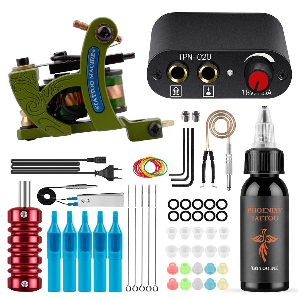 PHOENIXY Starter Tattoo Machines Gun с 30 мл чернилами, пигментом, источником питания для татуировки, традиционные игольчатые ручки для татуировки, инструменты для боди-арта, полный комплект