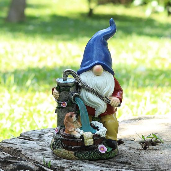 Solar Pumping Gnome Figurine with Light Washing Dog Dwarf Elf Resin Statue Sculpture Outdoor Garden Porch Yard Lawn Decoration Ornament