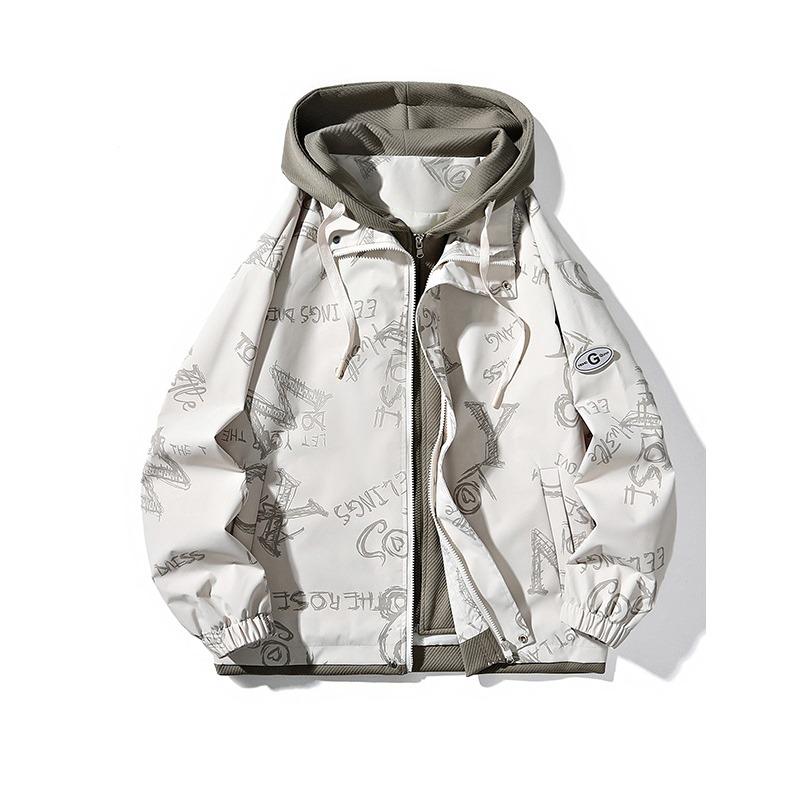 Мужская куртка в стиле Гонконга, весенняя, с капюшоном, свободного кроя, повседневная, на молнии, модная, большого размера, имитация двух частей