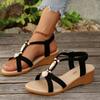 Summer Boho Chic Sandals for Women, Beaded Peep Toe Wedge Heel, Elastic Strap Flat Shoes for Beach & Concerts