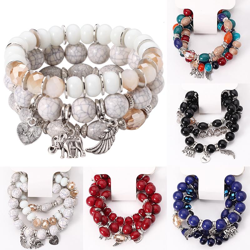 Bracelet With Colorful Gem Elephant Beaded Love Wings Boho 3PCS/Set Marbling Bangle High Elastic