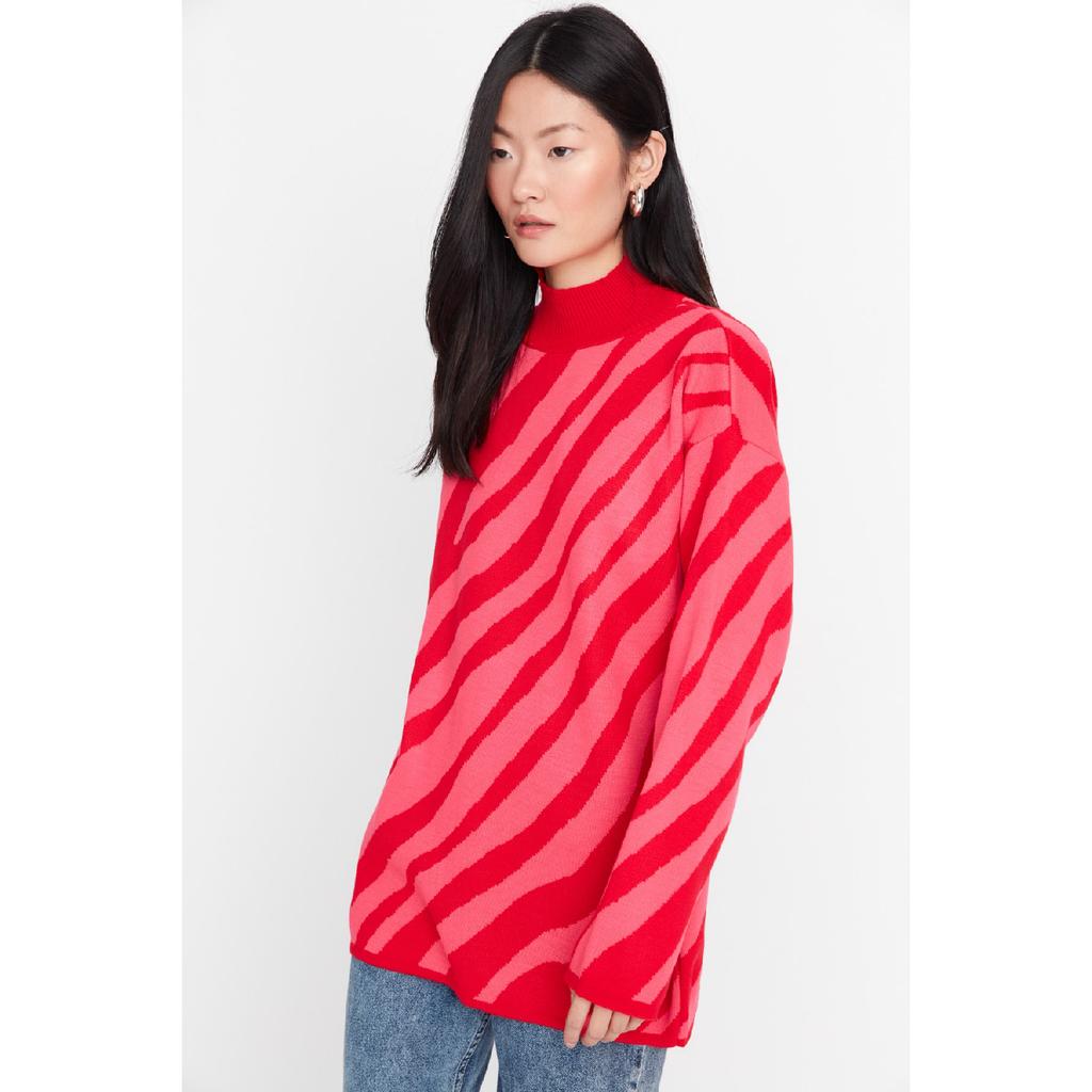 Красно-розовый трикотажный свитер в полоску с рисунком животных Tctaw23kz00066