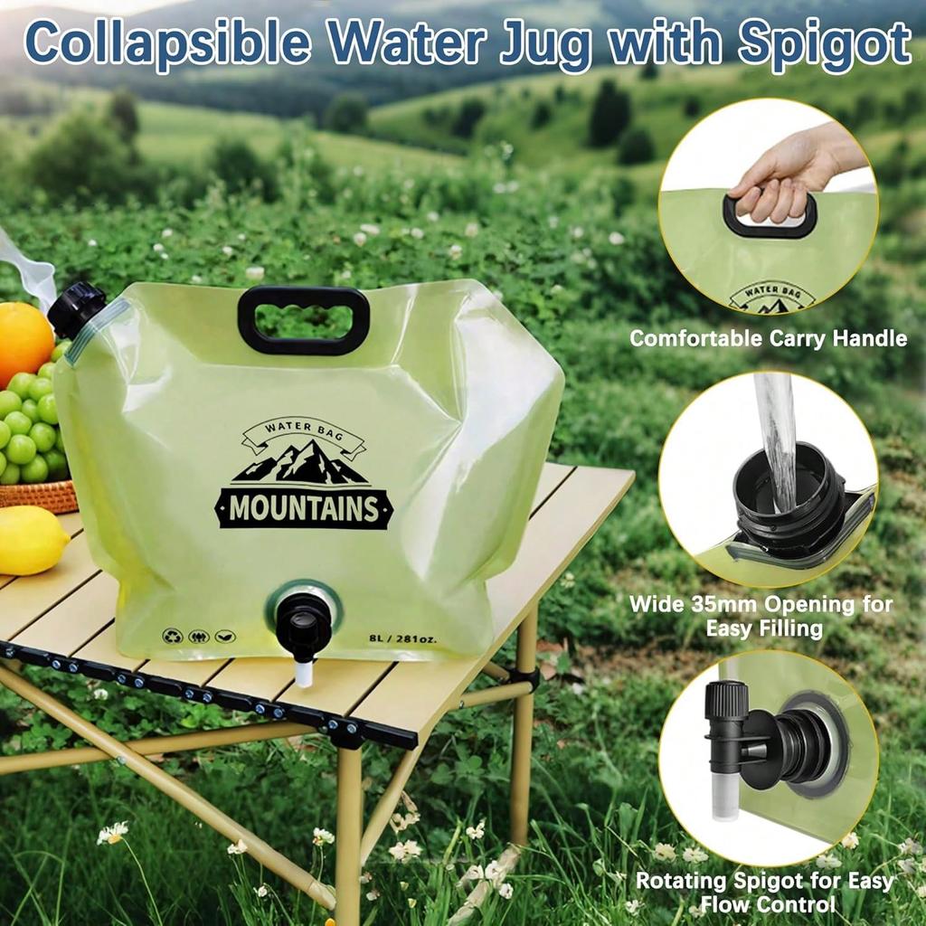 8L BPA-Free Portable Folding Water Storage Bag with Faucet for Camping Hiking