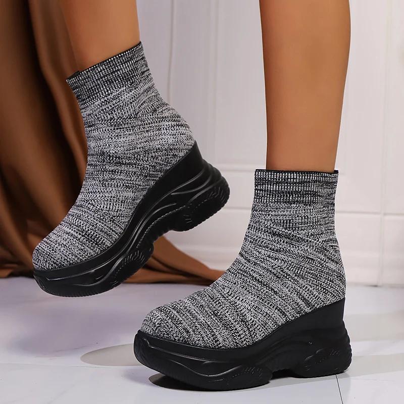 Модные вязаные кроссовки на массивной платформе для женщин, высокие, удобные спортивные туфли, женские, на толстой подошве, эластичные, слипоны, носки-кроссовки