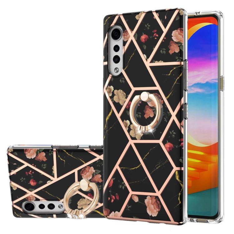 Для LG Velvet 5G Гальванизированный Сращиваемый Чехол из ТПУ с Мраморным Цветочным Узором, Противоударный, с Кольцом-Держателем со Стразами