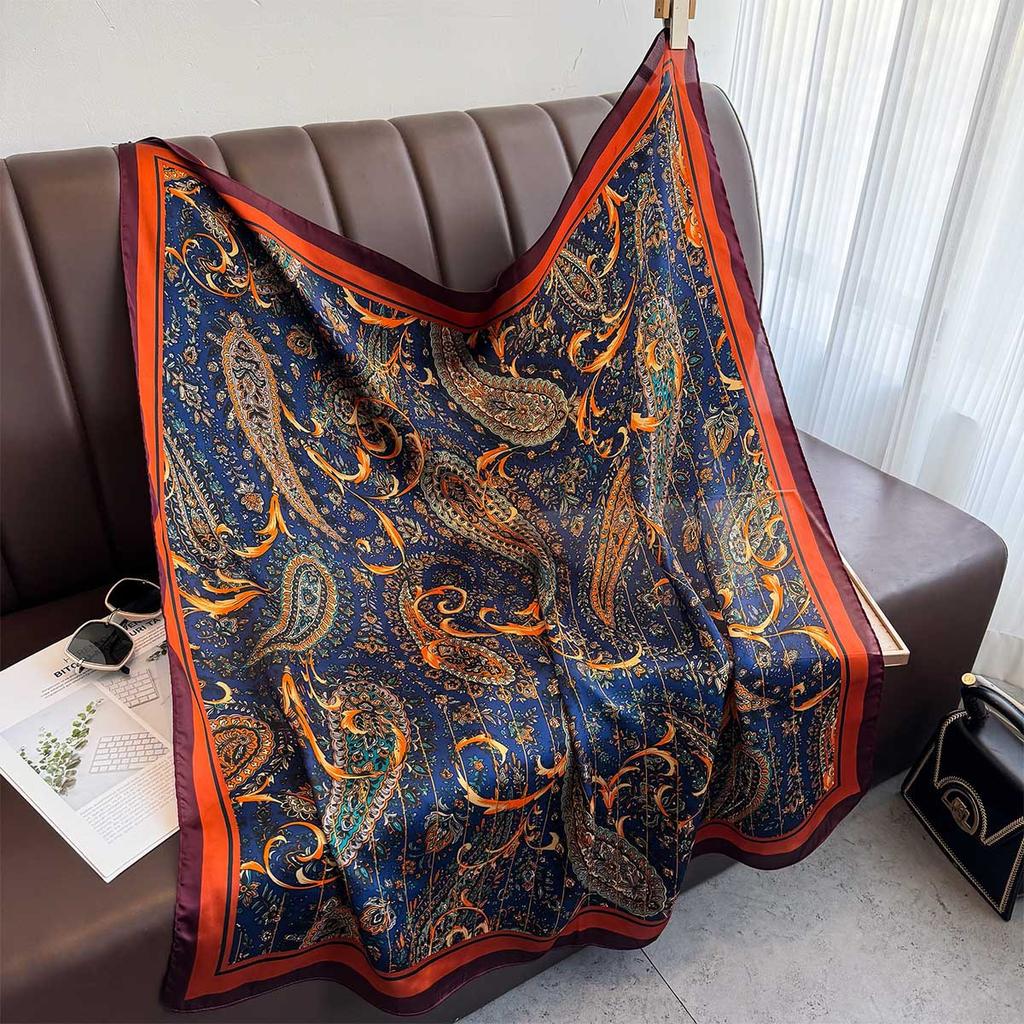 New 90cm Square Scarf Retro Cashew Floral Print Silk Scarfs Women Foulard Headscarf Summer Shawl Hijab Bandana Neck Head Scarf