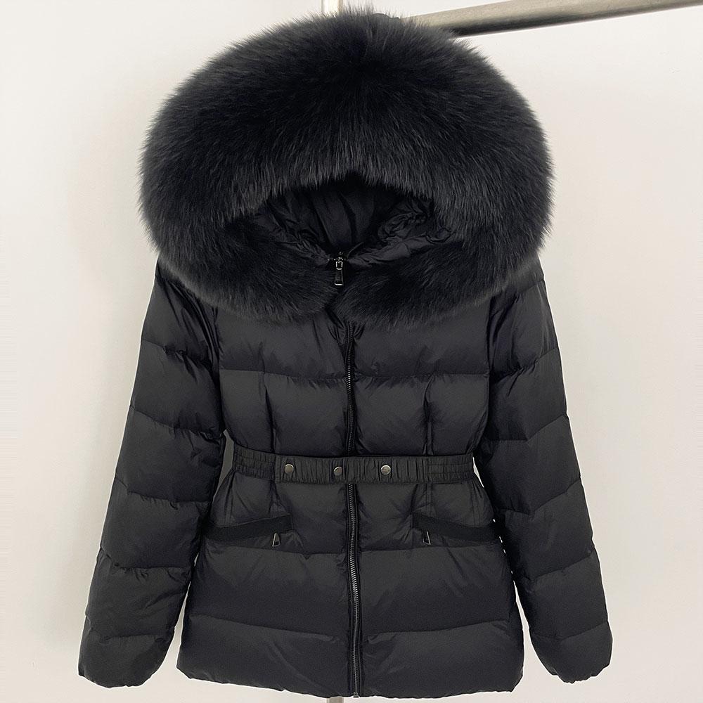 OFTBUY 2024 Winter Jacket Women Natural Real Raccoon Fox Fur Collar Hooded White Duck Down Coat Belt Thick Warm Casual Outerwear