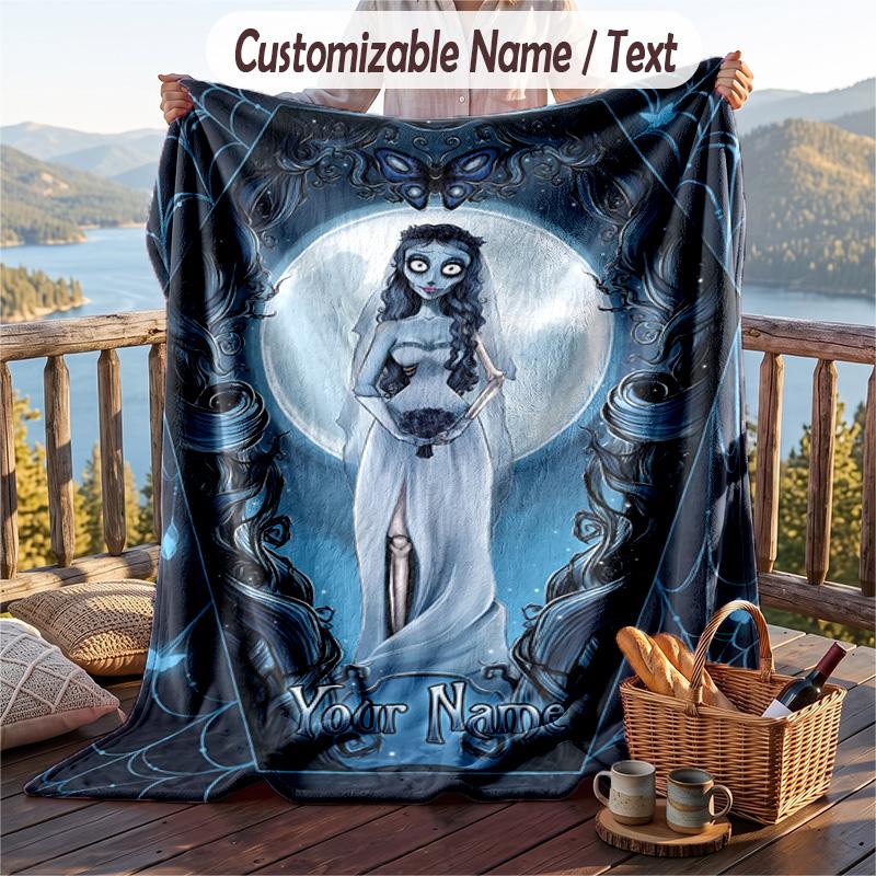 Custom Text Flannel Throw Blanket, Lightweight Cozy Bed Sofa BlanketCorpse Bride Emily Victor