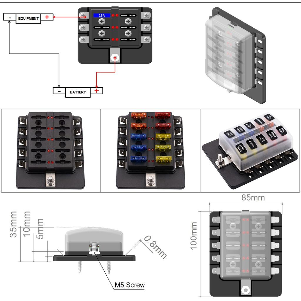 PC Terminal Block Type, 1 In 10 Out Fuse Boxes for Cars, RVs, and Ships, with LED Lights, 12-32V