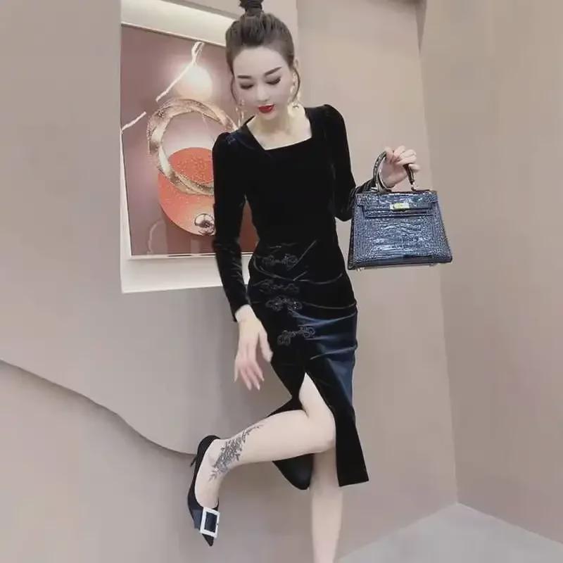 Женское платье с разрезом из черного золотого бархата: 2024 Осень/Зима Чонсам, юбка в стиле ретро