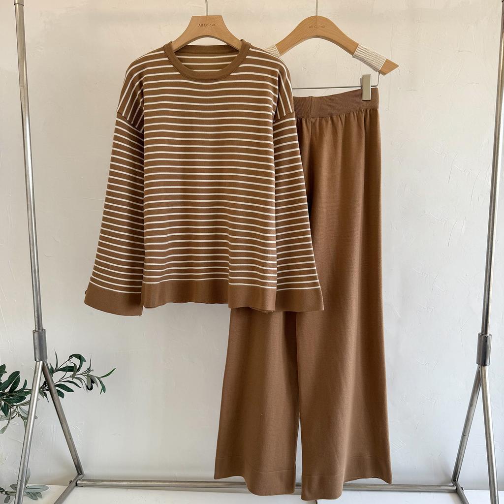 Корейский повседневный костюм женский осенне-зимний женская одежда полосатый топ повседневные широкие брюки модный темперамент