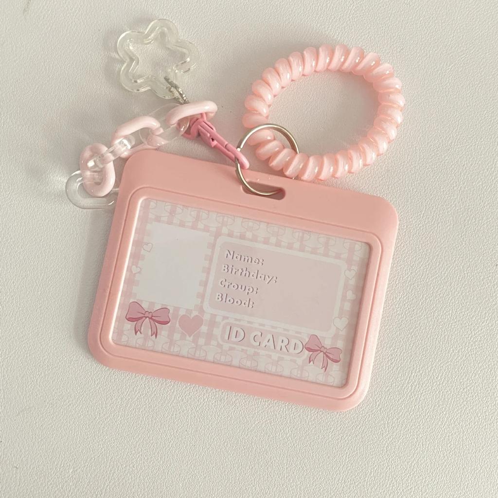 Cute Square Kpop Card Holder Girl Bow Heart-Shaped Keychain Idol Holder Student Campus Card Bus Card Clip