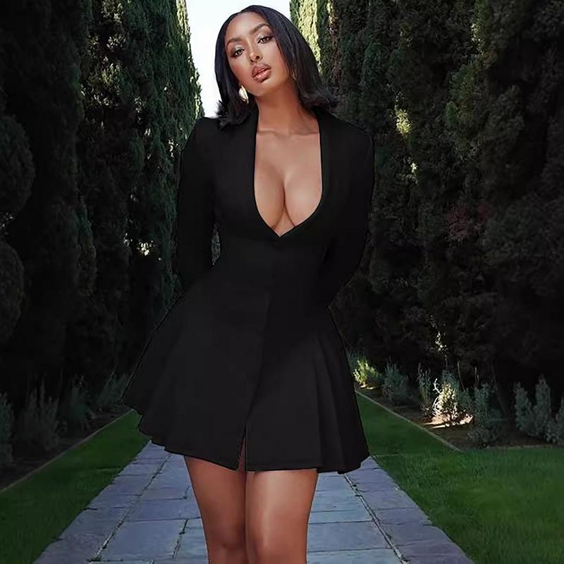 Европейская и американская женская мода осень-зима однотонное длинное плиссированное платье-блейзер с глубоким V-образным вырезом для женщин