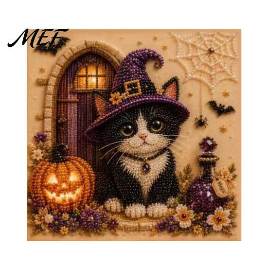Autumn Home Decoration Halloween Cat Faux Pearl Painting Art Kit, Spooky 3D Beads Crafting Kits for Beginners Crafts, Cute Witch Gem Wall Adults,