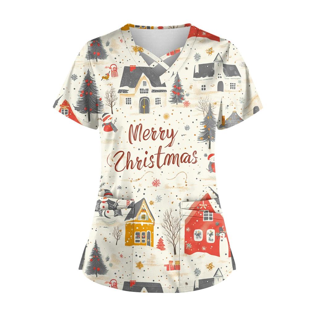 Women's Short Sleeve Stagger V Neck Christmas Print Pocket Dry-nurse Top