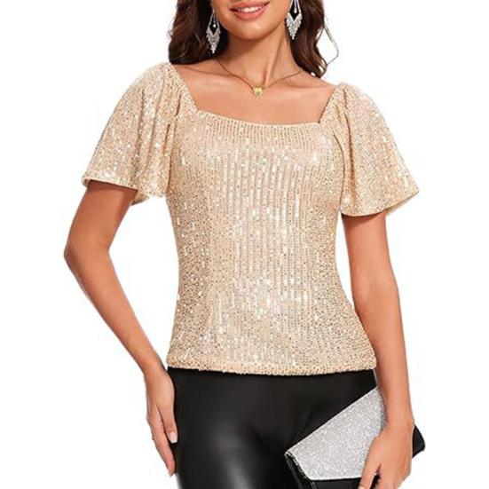 Women Tops Square Collar Puff Short Sleeve Sequin Tops Glitter Sparkling Party Blouse Evening Party Tops