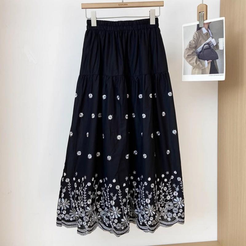 Qooth Women A Line Embroidery Flower Ruffle Skirt Wide Hem Mid Length Elastic Waist Casual Skirt QT2668