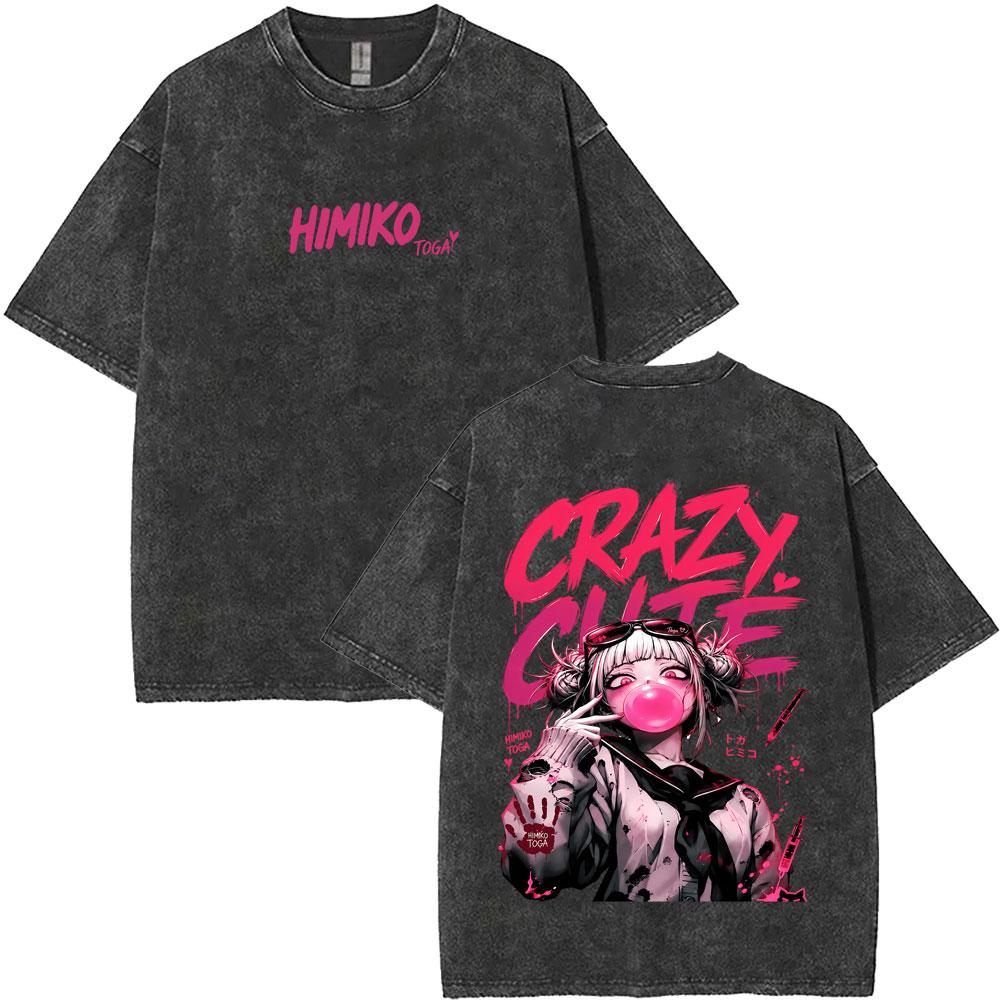 Washed Vintage Anime My Hero Academia Himiko Toga Graphic T-shirt ga Casual T-shirts Unisex Y2k Oversized T Shirts