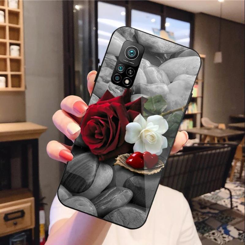 Чехол для телефона с цветком красной розы для Xiaomi 12 11T 10 9 Redmi Note 11 10 10S Pro Redmi 9 9A 8, черный стеклянный чехол для телефона из поликарбоната