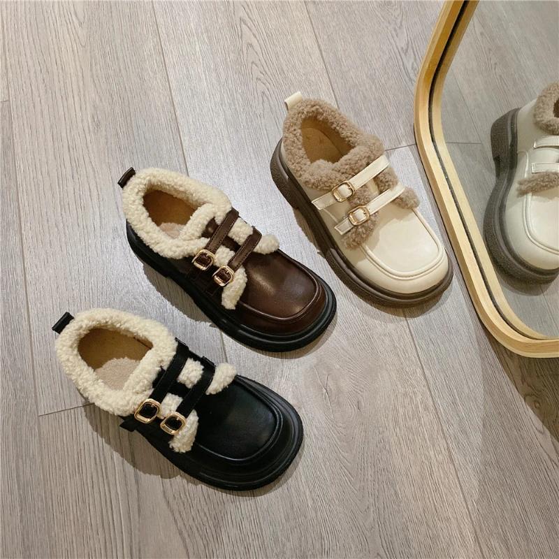 Fashion Women's Plush Small Leather Shoes Autumn Winter Warm Comfortable Anti Slip Flat Bottomed Cotton Shoes Party Casual Shoes 2025