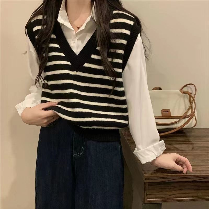 Striped Knitted Vest Women's Design Sense Autumn Outerwear Stacked V-neck Sweater Top Women