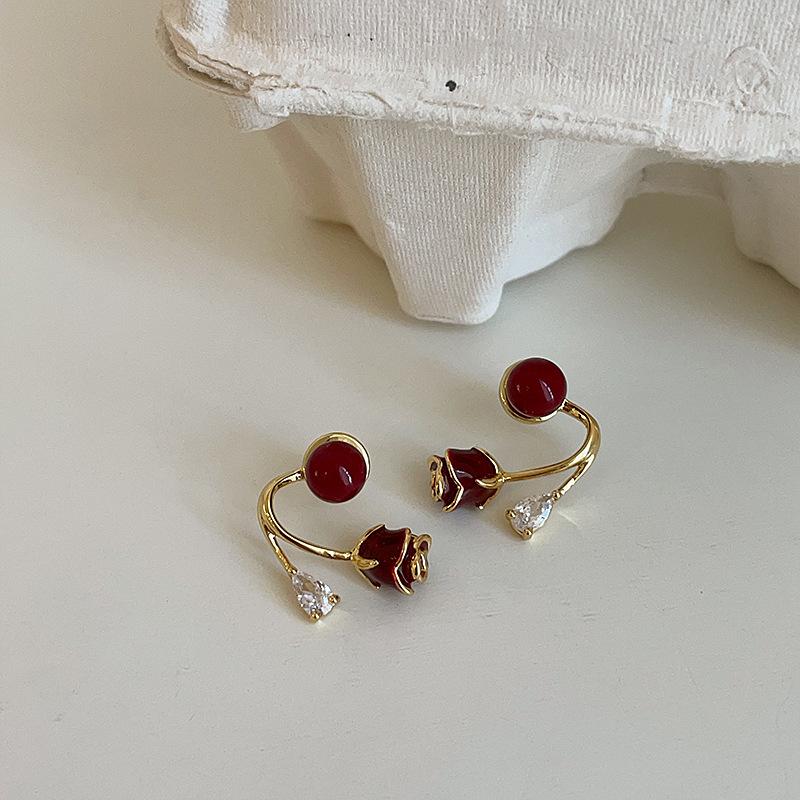 Ankola Red Rose Flower Pearl Zircon Stud Earrings Women Wear Niche Personality Fashion Versatile Earrings