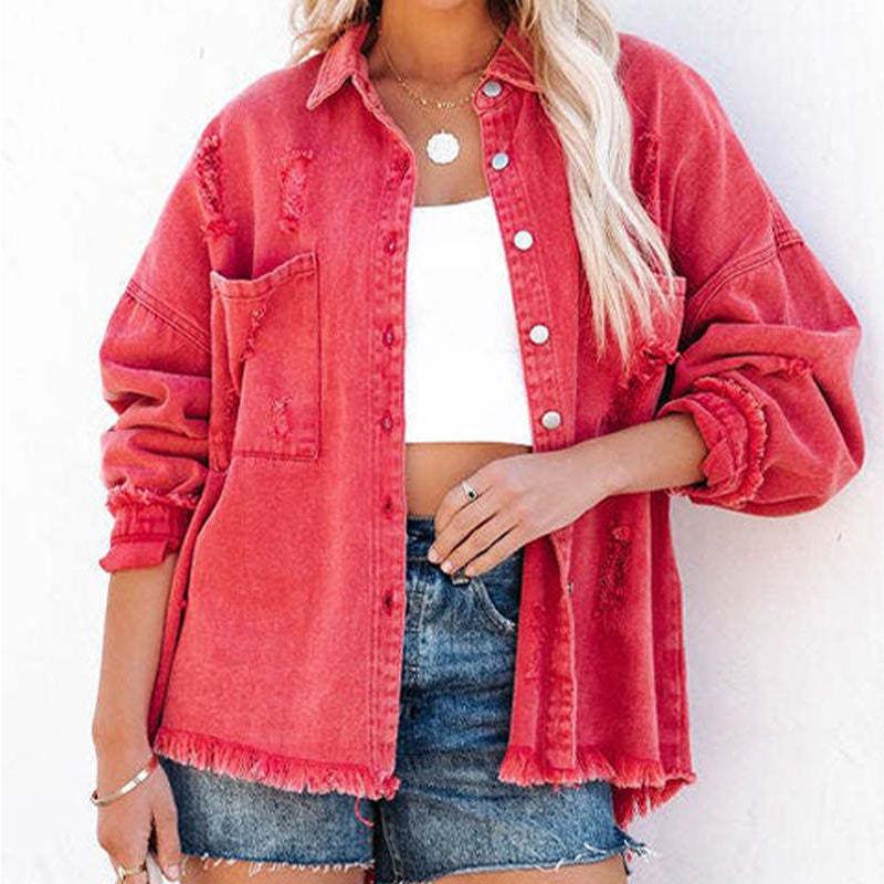 Autumn Women's Casual Denim Coat Versatile Women's Shirt Ragged Edge Hole Denim Coat Women