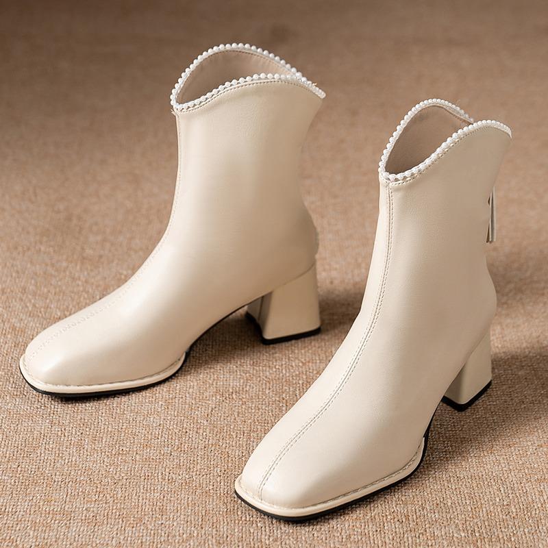 Модные ботильоны с квадратным носком и блочным каблуком, зимние новые, с бисером, на задней молнии, противоскользящие, износостойкие, на высоком каблуке