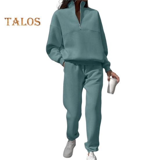 2 Pcs/Set Women Top Pants Set Half Zipper High Collar Long Sleeve Thickened Sweatshirt Stretchy Waist Ankle-banded Trousers Sport Fitness Tracksuit