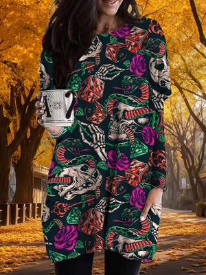 Новинка осени Скелет змеиный принт плюс размер платье женщины O'neck длинные рукава повседневные карманные платья
